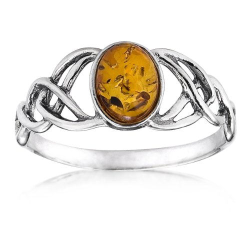 Sterling Silver Amber Celtic Love Knots Ring, Size 9