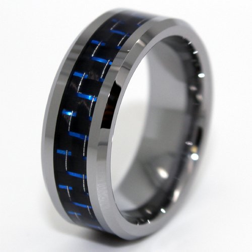 8mm Designer Tungsten Carbide Black and Blue Carbon Fiber Men's Unique Wedding Rings Engagment Bands (Available in Sizes 5-17) (13)