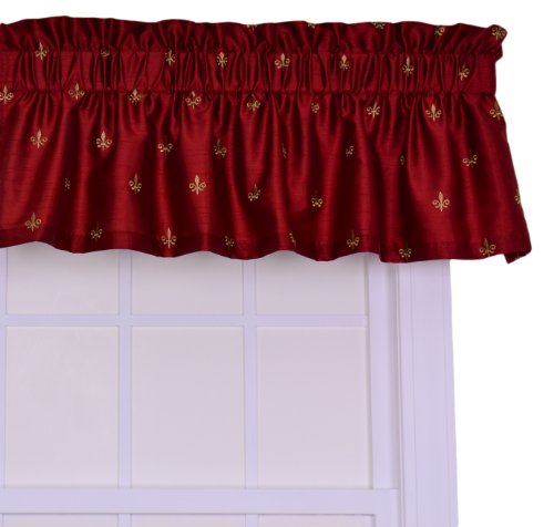 Ellis Curtain Fleur Di Lis Faux Silk Tailored Valance Window Curtain, Red