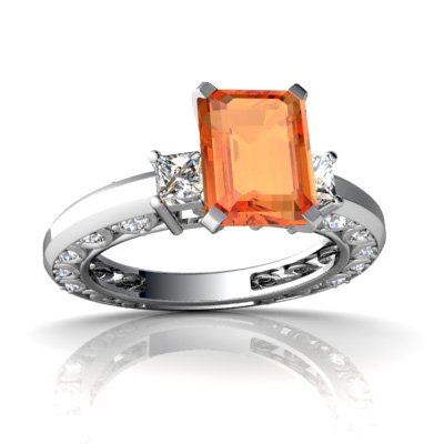 14K White Gold Emerald-cut Fire Opal Engagement Ring Size 7