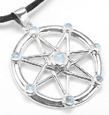 Sterling Silver Elven or Faerie Seven Pointed Star Septagram Pendant Necklace with Rainbow Moonstone