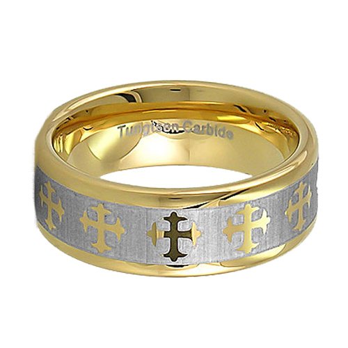 Solid Tungsten Carbide 18k Gold Plated Laser Engraved Gothic Cross Design 8mm Wedding Ring Fashion Band Size 8