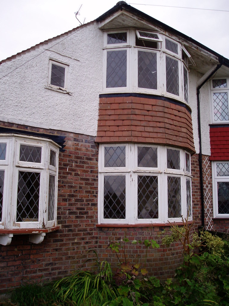 Bay windows, 1930s chalet semi, Broad Road, Willingdon, Sussex