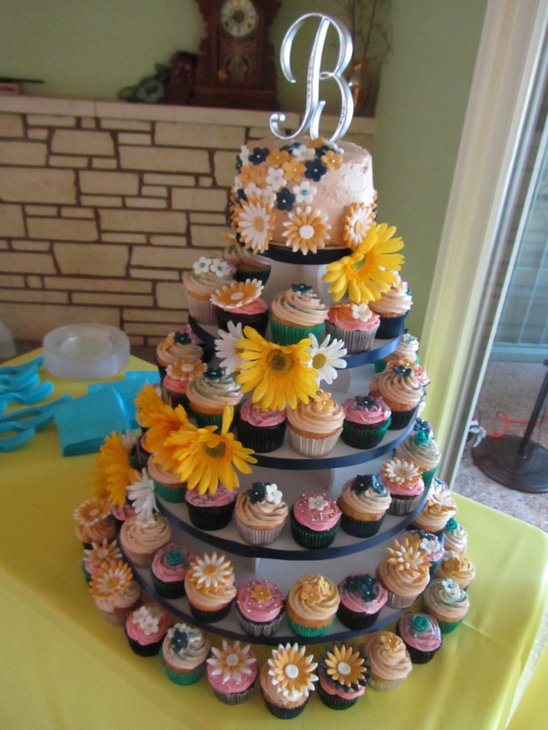 Blue and Yellow Daisy-themed Wedding Cupcake Tower