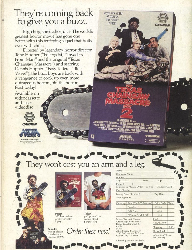 1987 ad for Texas Chainsaw Massacre Part 2 on VHS and Laserdisc