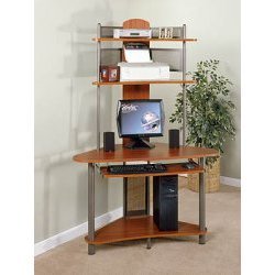 Studio RTA A-Tower Corner Wood Computer Desk with Hutch in Pewter and Cherry