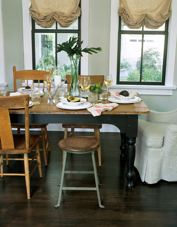 Gray dining room: Rustic details + mismatched chairs in Ohio farmhouse