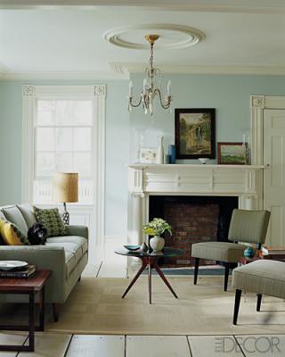 Robin's egg blue + creamy neutrals in midcentury modern living room, featured in Elle Decor