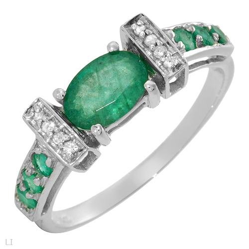 Beautiful Ring With 0.95ctw Precious Stones - Genuine Diamonds, Emeralds Made of White Gold (Size 7)
