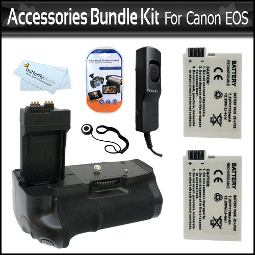 Replacement BG-E8 Battery Pack Grip / Vertical Shutter Release for Canon T2i (550D) T3i, EOS 600D, Digital SLR Camera + 2 High Capacity (1700 Mah) LP-E8 Replacement Batteries + Remote Shutter Release + Screen Protectors + Lens Keeper + More