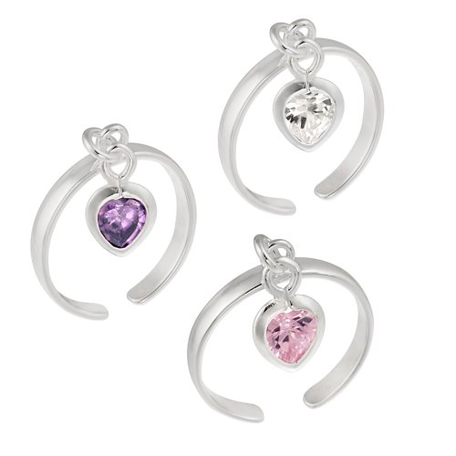 Sterling Silver Cubic Zirconia Heart Drop in Pink, Clear and Purple Toe Rings, Set of 3