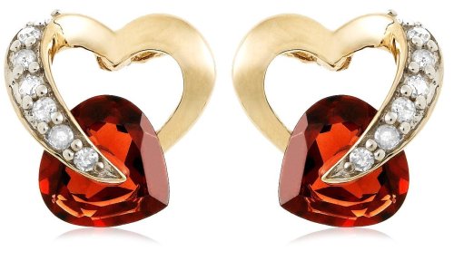 10k Yellow Gold Diamond and Garnet Heart-Shaped Earrings (.08 cttw, I-J Color, I2-I3 Clarity)