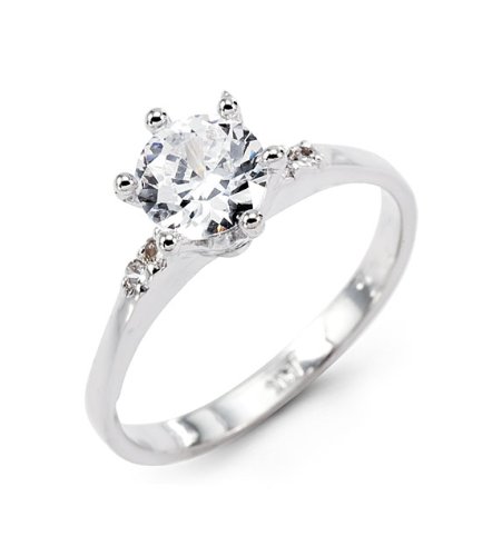 14k Solid White Gold Thin Band Round CZ Engagement Ring