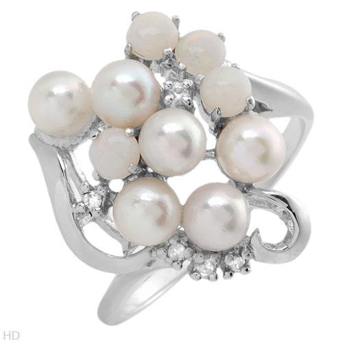 Ring With Precious Stones - Genuine Diamonds, Opals and 4-4.5mm Freshwater Pearls Beautifully Crafted in 14K White Gold (Size 7)