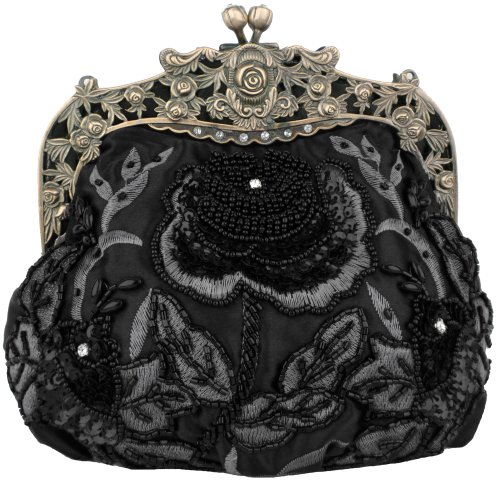 Black Antique Beaded Rose Evening Handbag, Clasp Purse Clutch w/Removable Chain