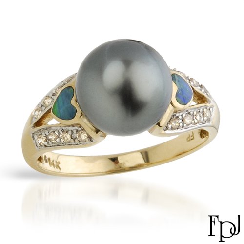 FPJ Irresistible Ring With Precious Stones - Genuine Clean Diamonds, Opals and 9.5mm Tahitian Pearl Made in 14K Yellow Gold- Size 7 (Size 7)
