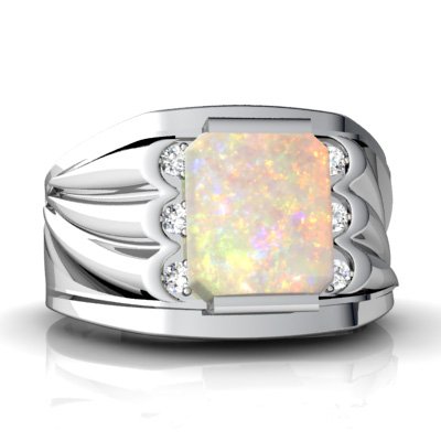 14K White Gold Emerald-cut Genuine Opal Men's Men's Ring Size 9.5