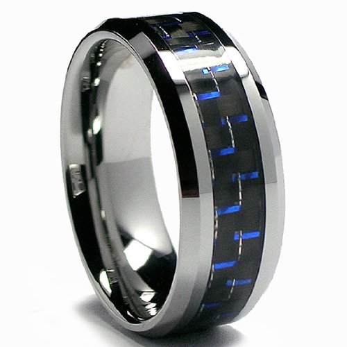 8MM Men's Tungsten Carbide Ring W/ BLACK & BLUE Carbon Fiber Inaly Size 10.5