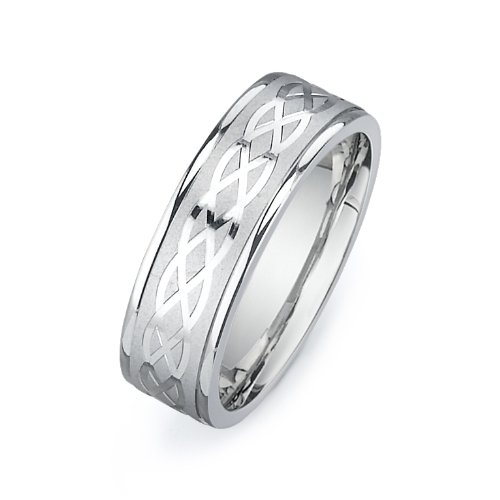 14k White Gold Custom Made 7 mm Comfort Fit Flat Wedding Band, w/ Celtic Knot Pattern, size 5.5
