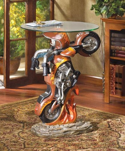 Motorcycle Bike Sculptural Glass Top Accent End Table