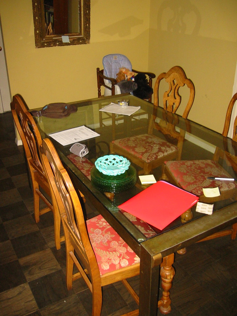 Glass dining table, 5 chairs