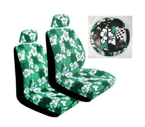 Green Hibiscus 7-piece Lowback Seat Covers / Steering Wheel Cover / Shoulder Belt Pads