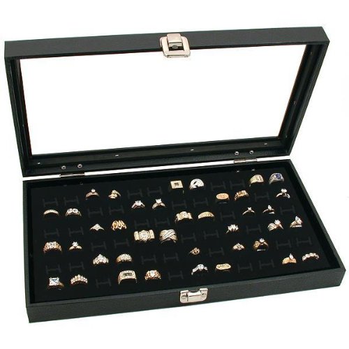 Glass Top Black Jewelry Display Case 72 Slot Ring Tray