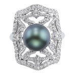 2/5 Ct Diamond & Tahitian Black Pearl Ring in 14K White Gold-7.5