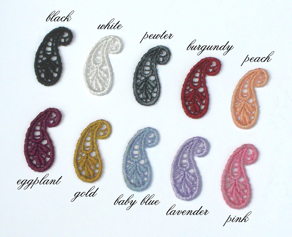 Paisley Venetian Lace Applique Dangle Earrings: You Choose Colour (Chart)