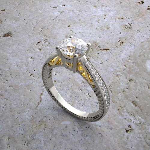14k White Gold Antique Style Feminine 2 Tone Gold CZ Center And Diamond Ring