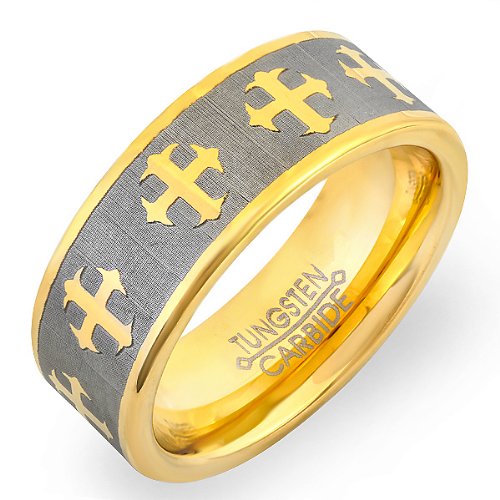Tungsten Carbide Men's Ladies Unisex Ring Wedding Band 8MM (5/16 inch) Flat Center Gold Plated Laser Engraved Cross Brushed Polished Comfort Fit (Available in Sizes 8 to 12) size 10