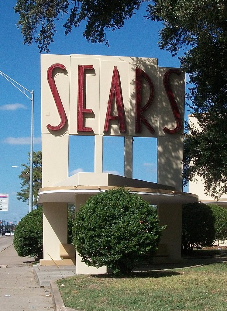 Midcentury Sign and Bus Stop, Sears Roebuck and Company, 4000 N. Shepherd Drive, Houston, Texas