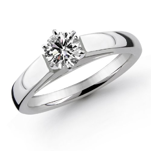18k White Gold 1/3 Carat Round Cut Cathedral Solitaire Diamond Ring (G-H ; SI1-2) Size 6