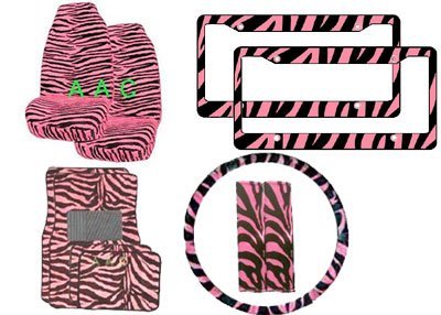 11-Piece Animal Print Automotive Interior Gift Set - 2 Universal-Fit Zebra Pink and Black Front Bucket Seat Covers, 2 Zebra Pink and Black Plastic License Plate Frame, 1 Zebra Pink and Black Steering Wheel Cover, 2 Zebra Pink and Black Shoulder Belt Pads and 4 Universal-Fit Zebra Pink and Black Carpet Floor Mats for Cars / Truck