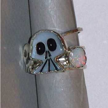 skull and Opal ring stack sterling silver white pearl opal 6 ring stack