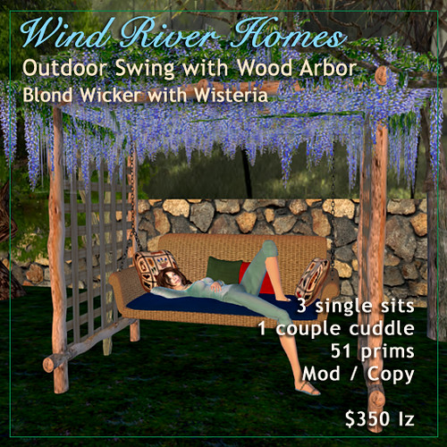 Blond Wicker Outdoor Swing with Wisteria Arbor