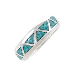 Southwestern Style Turquoise Chip Inlay Chevron Ring in Sterling Silver for Men or Women, Size 6, #7896