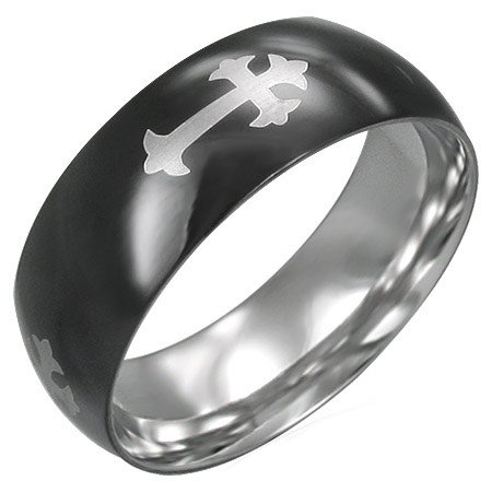 Men's Black Stainless Steel Fleur-de-lis Cross Design Ring, Comfort Ring, Size 10