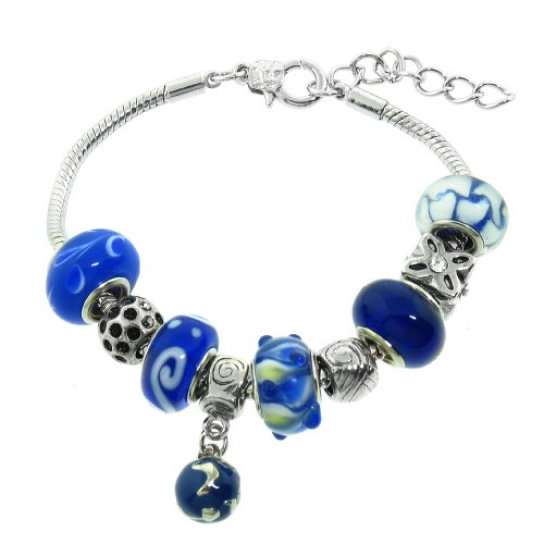 Blue Murano Style Glass Beads and Charm Bracelet, 7.5