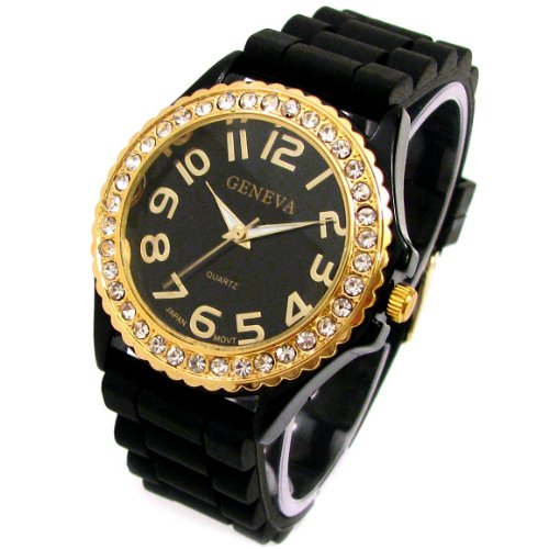 Geneva Black Silicone Ceramic Style Wrist Watch Surrounded with Gold Trim and Sparkly Rhinestones As Similar to Sandra Bullock Watch in Blind Side