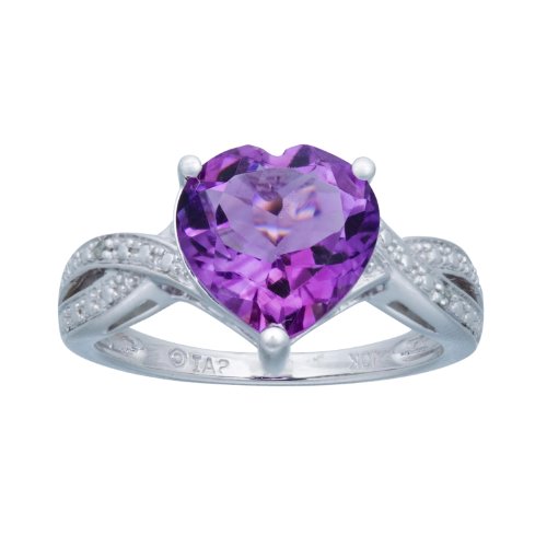 10k White Gold Amethyst and Diamond Ladies Heart Ring, Size 7