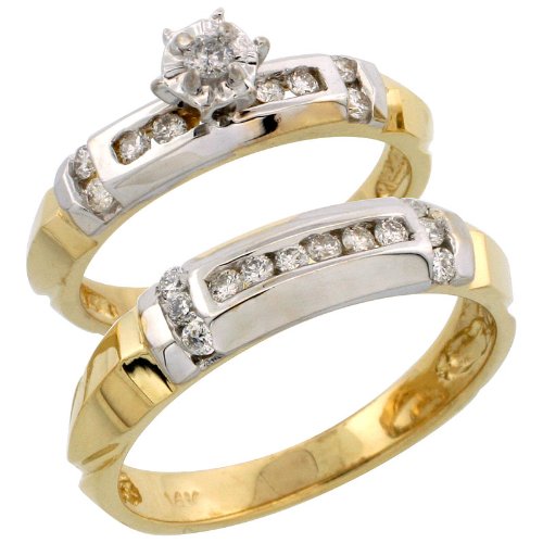 14k Gold 2-Piece Diamond Ring Set w/ Rhodium Accent ( Engagement Ring & Man's Wedding Band ), w/ 0.44 Carat Brilliant Cut Diamonds, ( 4mm; 5mm ) wide, Size 7