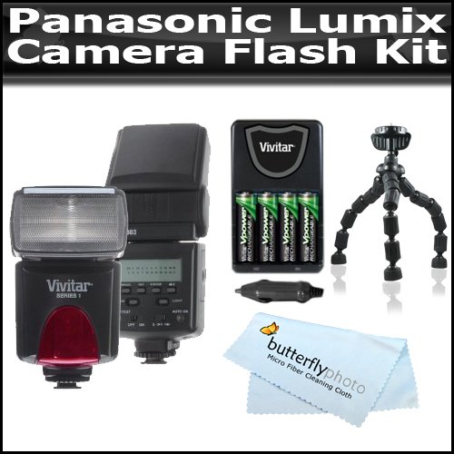 Flash Kit For Panasonic Lumix DMC-GH2 16.05 MP Live Includes Vivitar DF-293 TTL LCD Bounce Zoom Swivel DSLR AF Flash w/LCD Display Includes Flash Diffuser 4AA High Capacity Rechargeable NIMH Batteries And AC/DC Rapid Charger + Gripster Tripod + Butterf