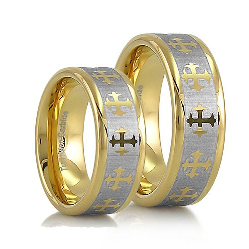 Matching 8mm Gold Tungsten Cross Rings His & Hers Ring Set Wedding Bands Engagement Rings (Available in Whole & Half Sizes 5-15)