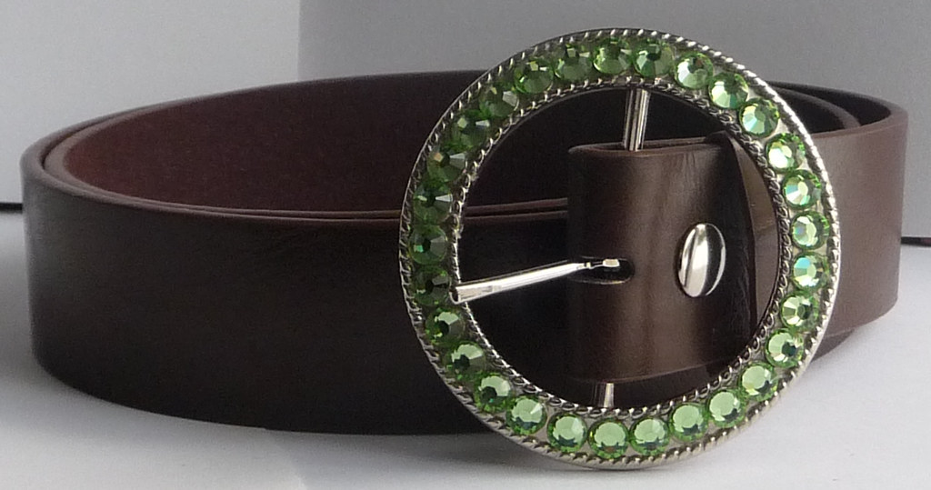 Ladies Silver Belt Buckle (Snap On) Decorated with Peridot Green Swarovski Crystal Rhinestones Handcrafted by Angel Grace