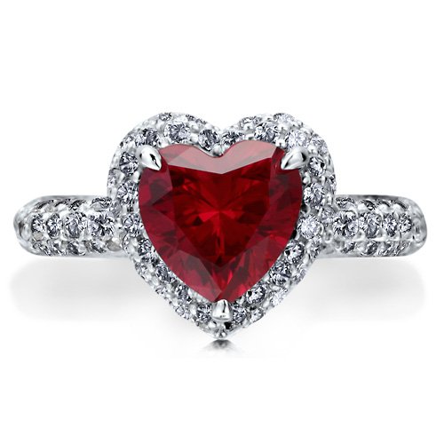 Sterling Silver 925 Heart Ruby Cubic Zirconia CZ Halo Solitaire Ring - Women's Engagement Wedding Ring Size 8