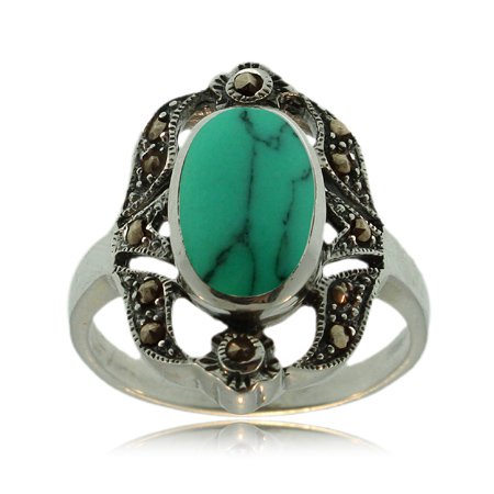 Turquoise Ring W/ Marcasite Sterling Silver Oval Bezel