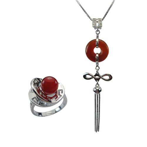 Good Luck Red Jade Sterling Silver Pendant Necklace & Fortune, Luck, Health and Longevity Chinese Symbol Ring Size 5 Set 16