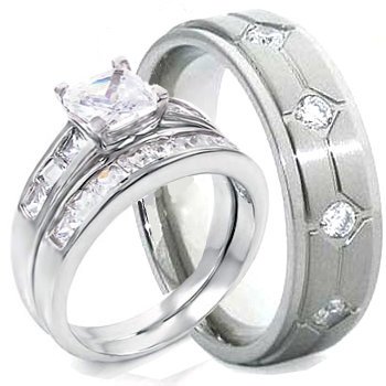 3 Pieces His & Hers, 925 Sterling Silver Rhodium Plated & Titanium Matching Engagement Wedding Ring Set.
