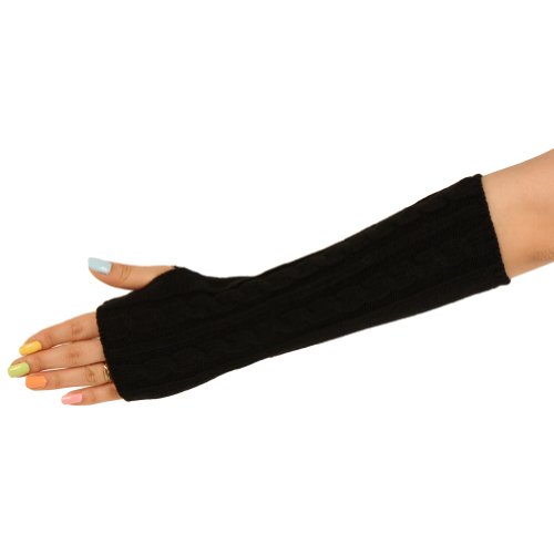 Cable Knit Arm Warmer Fingerless Long Gloves Black